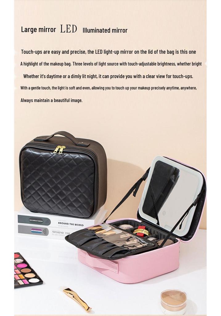 High-Grade LED Mirror Travel Makeup Bag for Women: Portable, Large Capacity, and Compartmentalized for Brushes