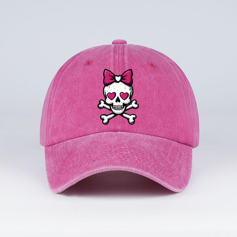 BowTie HeartEyed Skull Crossbones Print Washed Baseball Cap Soft Comfortable Adjustable Lightweight Breathable SweetEdgy