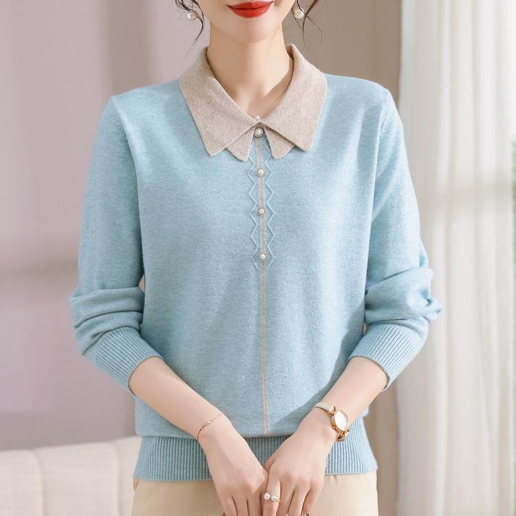 

Mother s Autumn Knitted Sweater Bottoming Western Style Lapel New Top Middle-aged and Elderly Women s Sweater Wearing T-shirt. 5XL синий