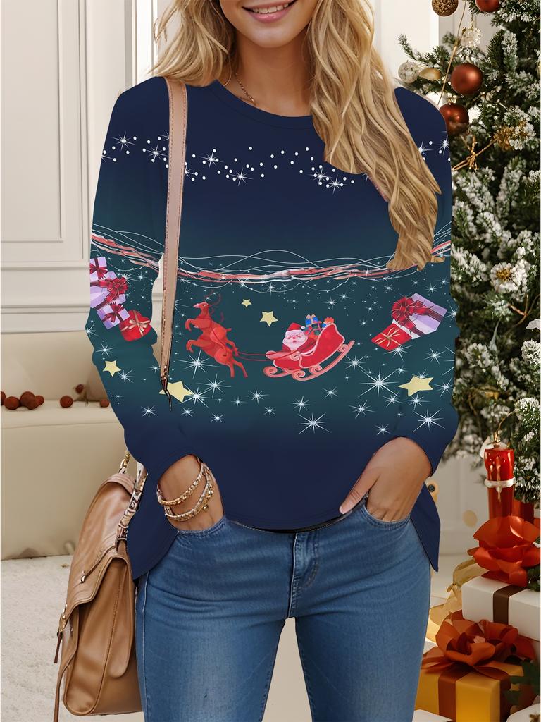 Tops for Women  3D  Christmas Print  Round Neck Long Sleeve T-shirt Fall Casual Slim Pullover Women's Long Sleeve Top