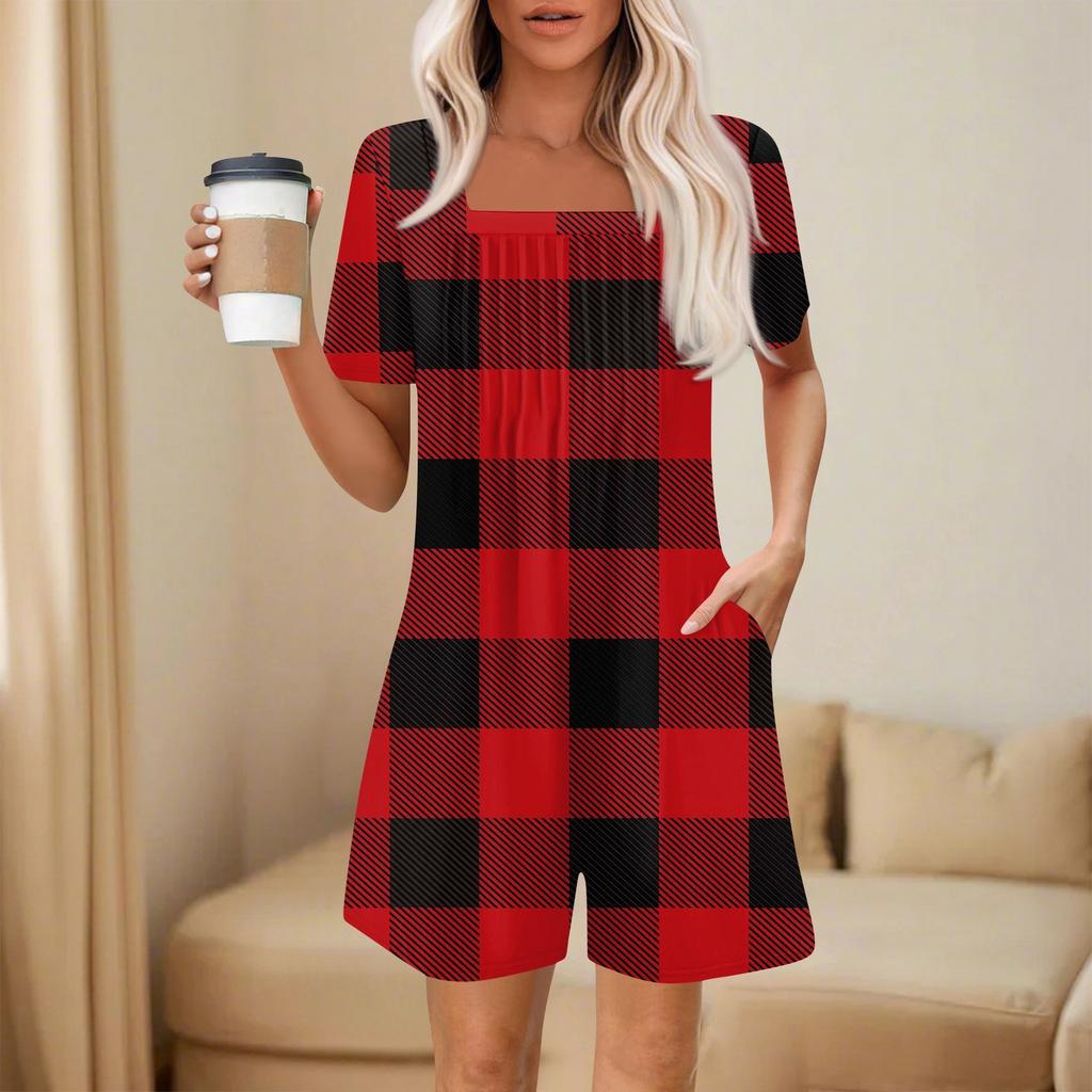 Salopetă de damă la modă și casual cu mânecă scurtă, cu buzunar plisat, salopetă scurtă imprimată