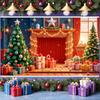 Xmas Event Banner Red Green Theme Winter Celebration Banner Christmas Fireplace Banner String Lights For New Year Party Xmas