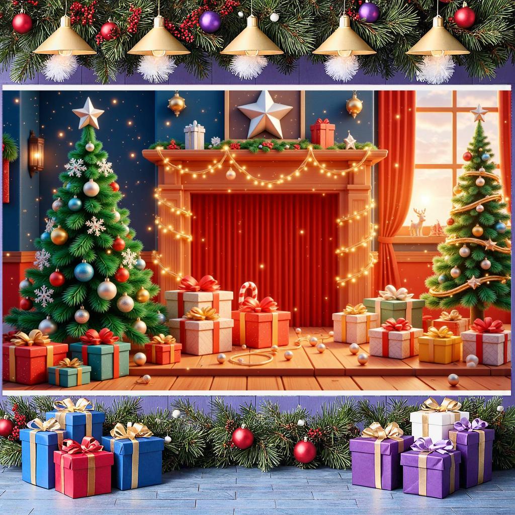 Xmas Event Banner Red Green Theme Winter Celebration Banner Christmas Fireplace Banner String Lights For New Year Party Xmas