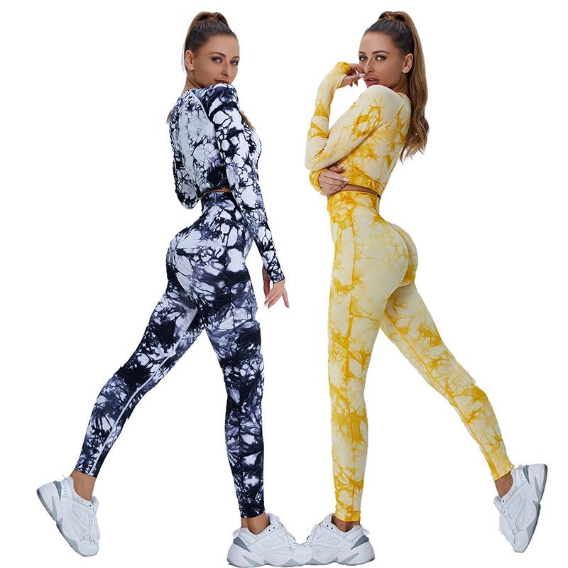 Nahtloses Tie-Dye-Yoga-Sportbekleidungsset: Langarmshirt und -hose für Damen