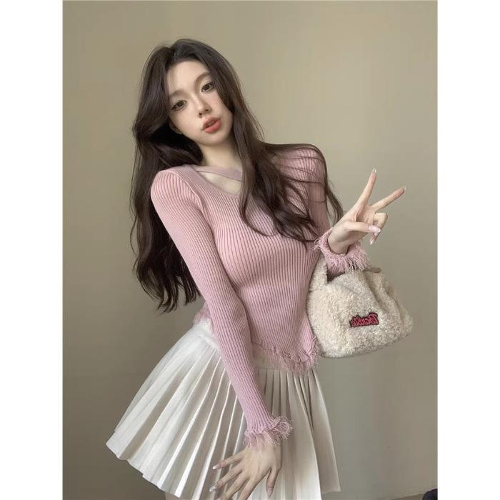 

Чистый нерегулярный бахрома аккуратная машинная утечка ключица длинный рукав низ трикотажный женский уникальный шикарный маленький топ One size