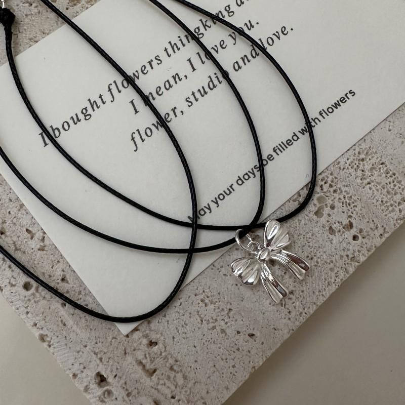 Black Rope Chain 925 Sterling Silver Butterfly Pendant Sweater Necklaces Chain for Women