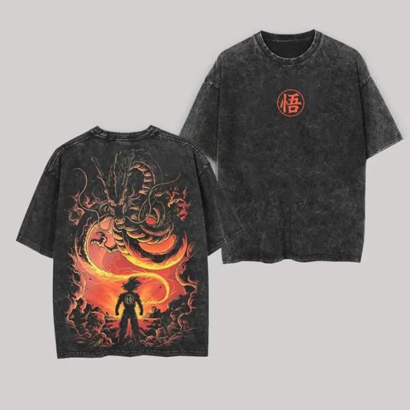 

Ball Goku T Shirt Shenron Men Acid Wash Anime Fire Red Go Logo Cotton Vintage Gym Streetwear Graphic Back Tee Summer M