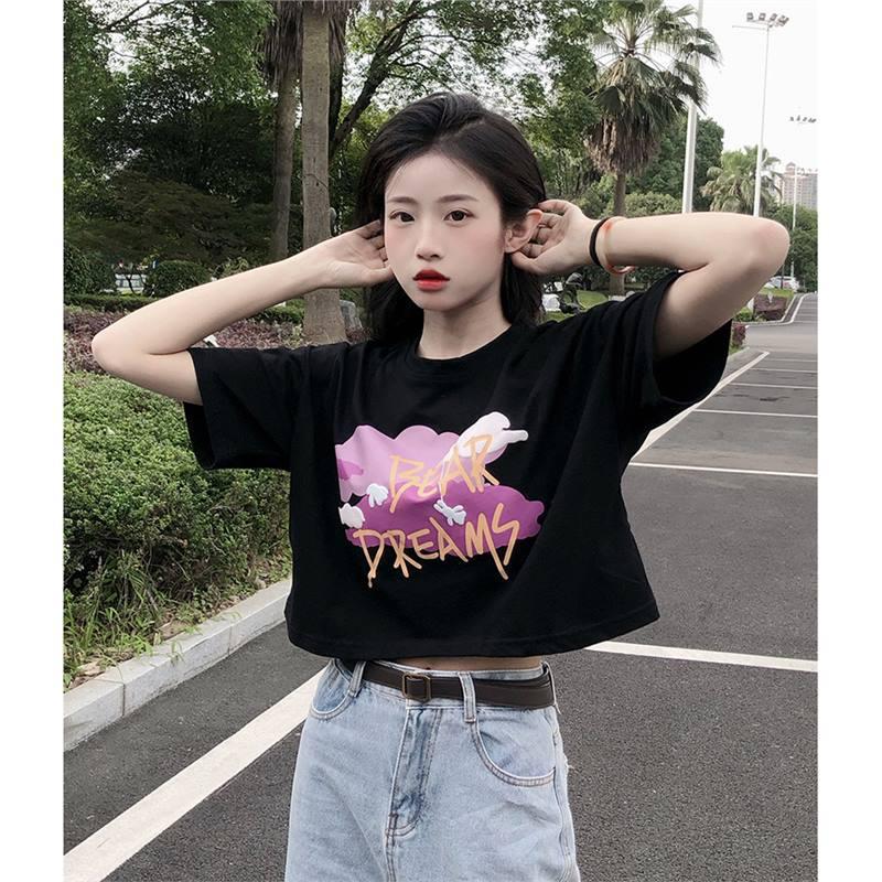

Women s 2024 Summer Korean Style White Loose T-Shirt with Printed Bubble Design, High Waist, Short Sleeve L чорний