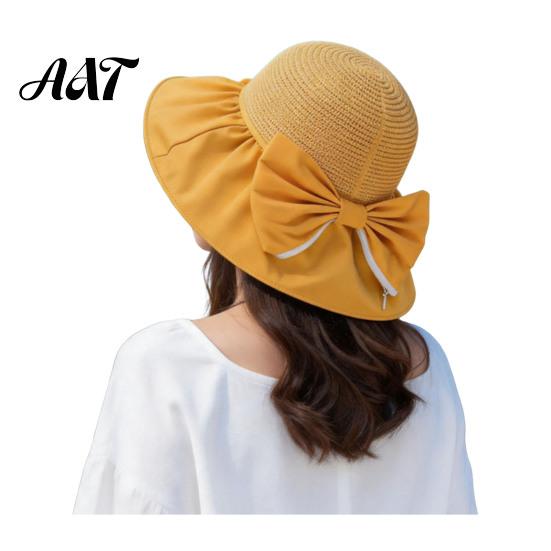 Sun Protection Hat for Outdoor Woven Hat, Women Wide Brim Beach Floppy Breathable with Bow, UV Summer Vacation Camping Travel Accessories