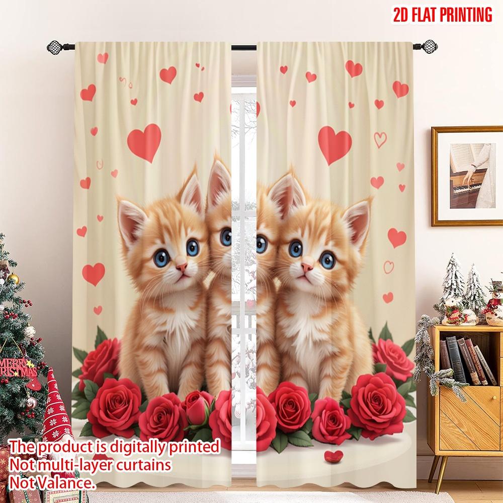 

Flat Printing Scene Curtain Cute Kittens Red Roses Digital Printed Polyester Drapes Family Party Bedroom Living Curtains Set Of 2 Made Decor W100*H70(CM)-Grommet top&1PCS