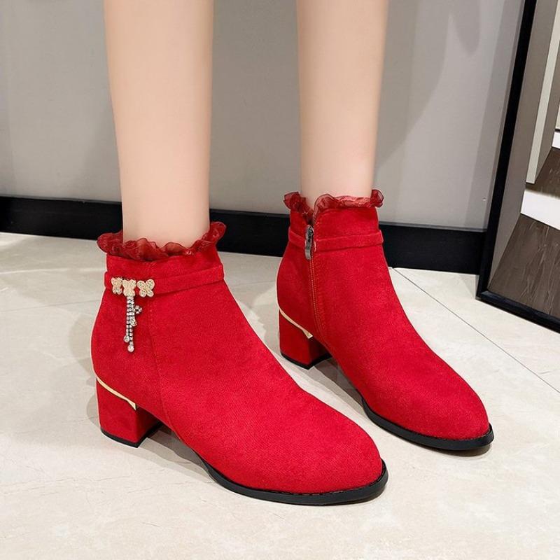 Large-sized, Chunky Ankle Boots, Elegant Fashion Boots with Fleece Leather Boots, Women's Shoes