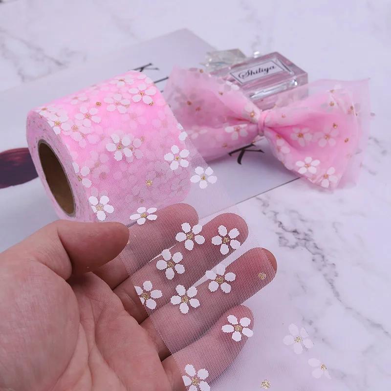 6cm 5Yards Floret Tulle Daisy Ribbon Roll DIY Handmade Craft Hair Ornament Baking Cherry Blossoms Printed Mesh Fabric Supplies