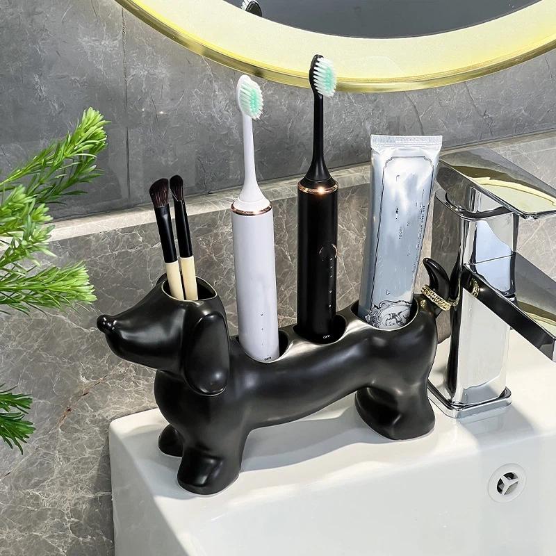 Abs Dachshund Dog Toothbrush Holder Multi Slots Adorable Design For Bathroom Countertop Storage Organizer