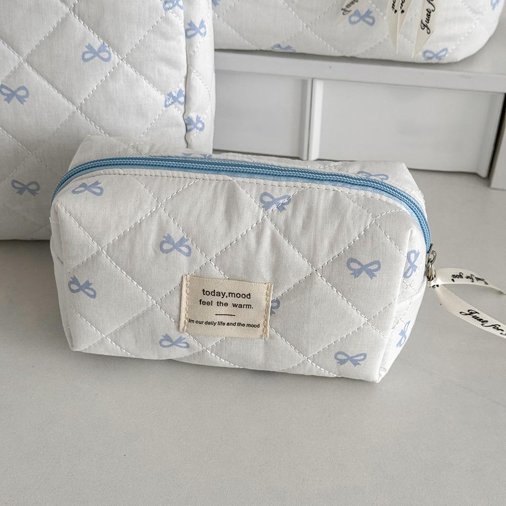 Blue Bow Quilted Women Cosmetic Bag Sets Large Capacity Makeup Handbag Travel Pouch 3 Type Ladies Zipper Organizer for Bags