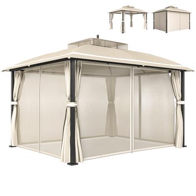 Garden Gazebo with Double Roof Gazebo with Mosquito Nets and Curtains for Outdoor Terrace 370x303x290 Cm Beige