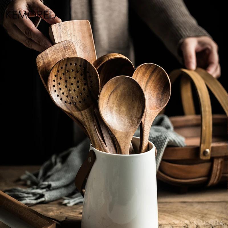 4/7Pcs Teak Natural Wood Tableware Spoon Ladle Turner Long Rice Colander Soup Skimmer Cooking Spoons Scoop Kitchen Tool Set