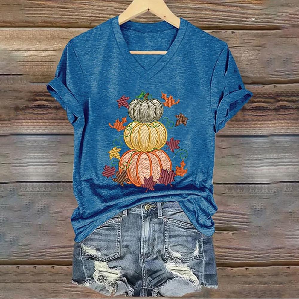 Pumpkin Print Short Sleeves T-shirts Summer Fashion Casual V-neck Women's T shirt  Women Clothing Tops Loose Pullover