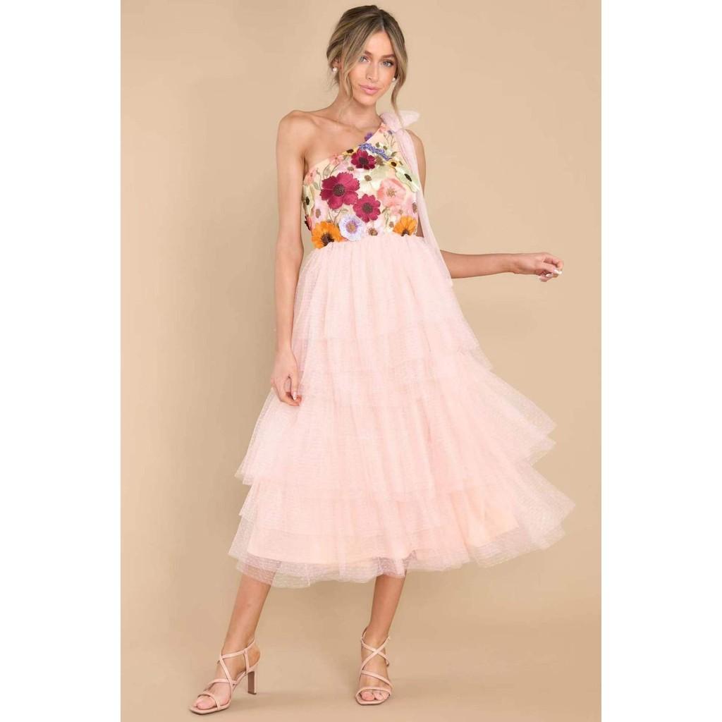 

Women Elegant One Shoulder Sleeve Mesh 3D Flowers Bride Bridesmaids Wedding Long Dress Gorgeous Party Midi Ball Gowns