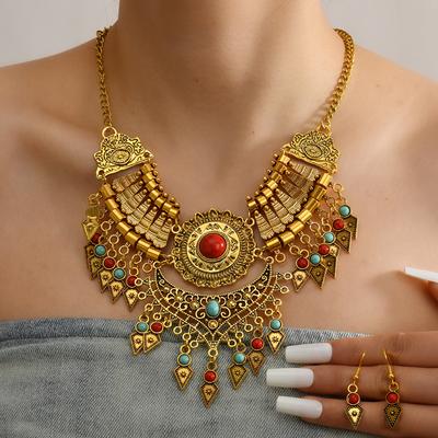 Ethnic Style Statement Necklace And Earrings Set With Alloy Pendant Bead Tassels Adjustable Chain For Women Daily Wear Outfit Decoration