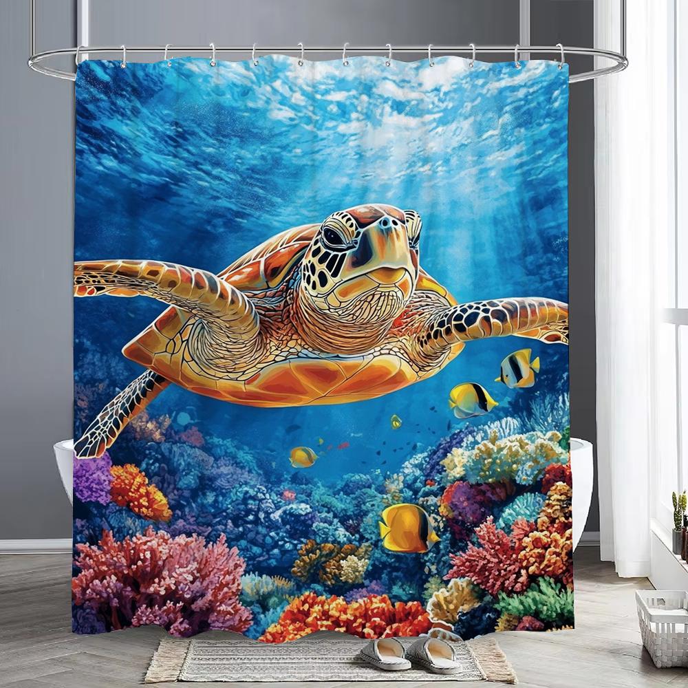 Underwater World Printed Shower Curtain With Hooks, Dolphin Sea Turtle Fish Coral Underwater Cave Ocean Bathroom Decor Curtain