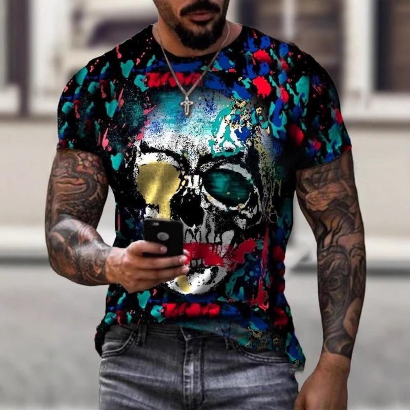 Skull Print 3D Digital Print Summer Casual Round Neck Youth 3D T-shirt