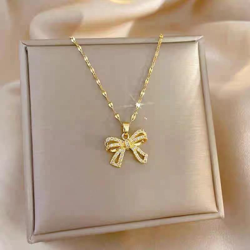

Titanium Steel Light Luxury Bow Necklace Women S High-End Versatile Temperament Zircon Pendant Same Jewelry