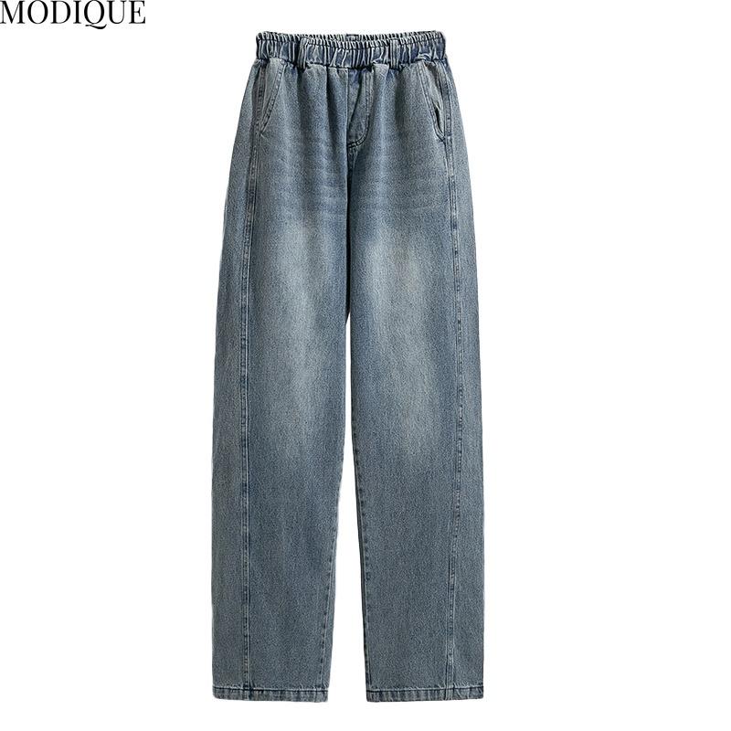 MODIQUE 2025 New Plus Size Summer Women's Loose Casual Straight Sickle Denim Long Pant Ladies Classic Elastic Solid Color Blue Jeans