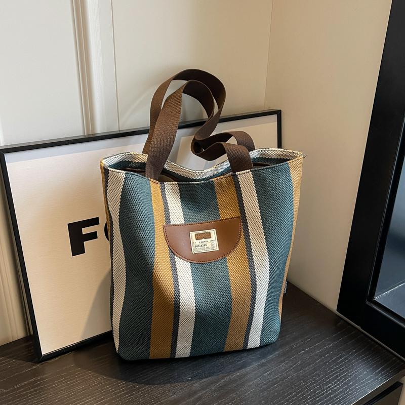 Striped Canvas Bag Women's New Summer Casual Lightweight Shoulder Bag Large Capacity Tote Bag Shopping Bag