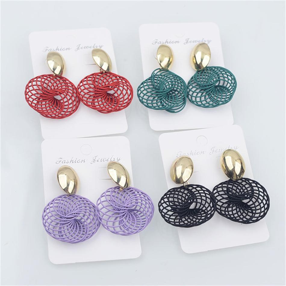 Stranded Wire Circle Pendant Earrings for Women Geometric Metal Enamel Loop Jewelry Oorbellen Red Earring