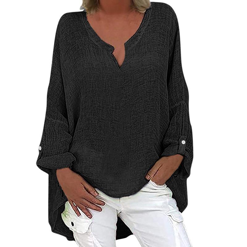 Womens Cotton Linen V Neck Long Sleeve Button Blouse