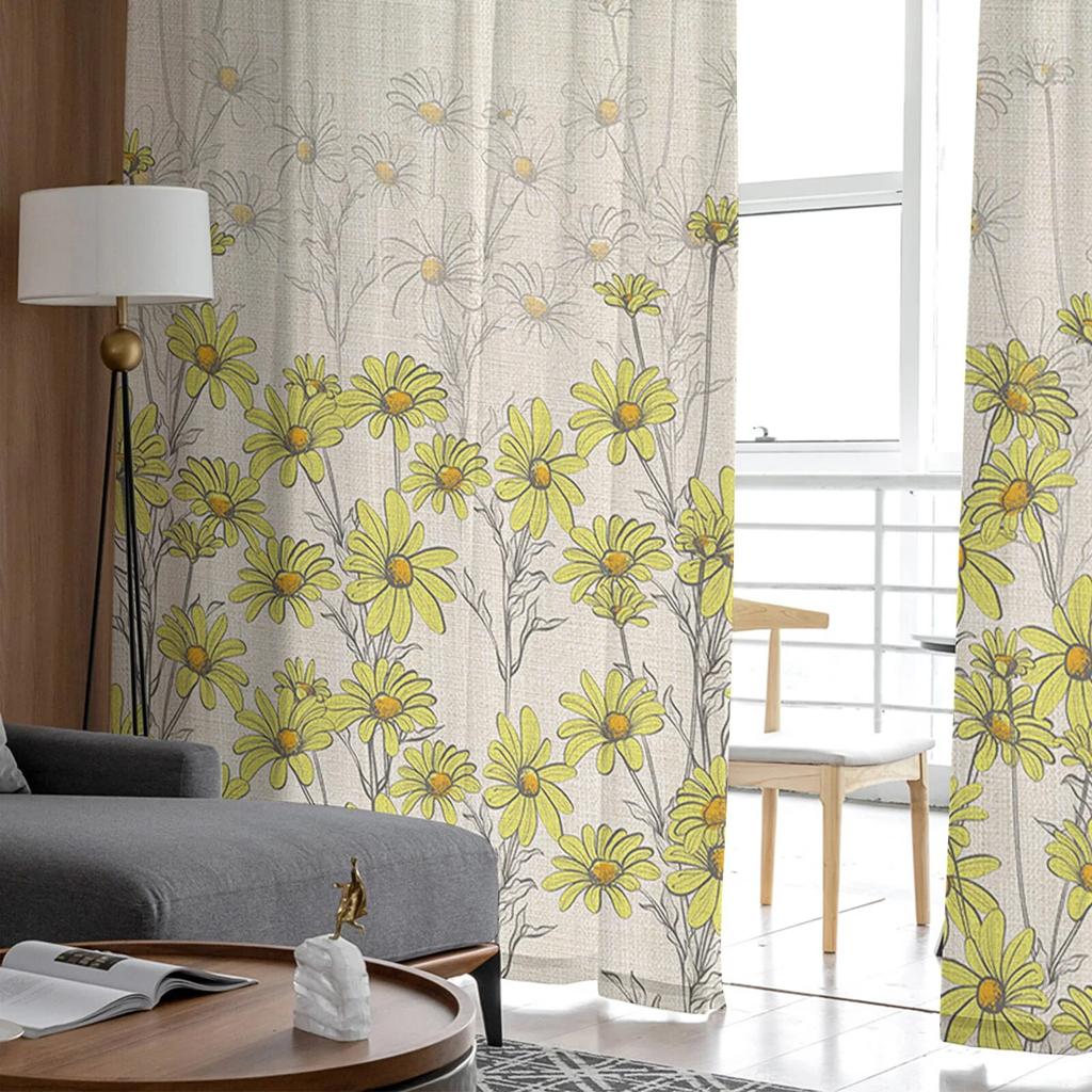 Spring Chrysanthemum Watercolor Flowers Bedroom Transparent Sheer Curtains Holiday Decoration Window Voile Tulle Curtain