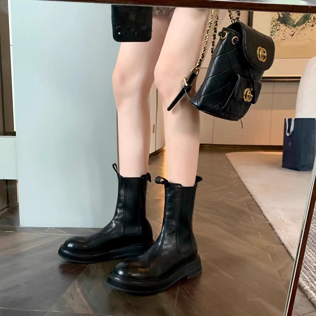 Short boots women's autumn and winter new shoes versatile retro round head thick-soled cigarette boots medium tube thin Martin boots