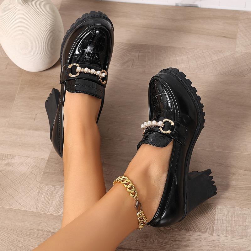 Block Heel High Heels Women's Spring and Autumn Patent Leather Platform Deep Mouth Single Shoes