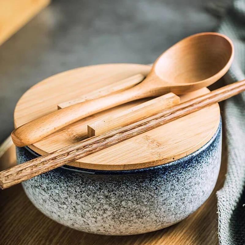 2 Stück Holz-Löffel-Set Große Ramen-Nudelsuppen-Löffel Langer Holz-Küchen-Kochlöffel Servierlöffel Holzbesteck Geschirr