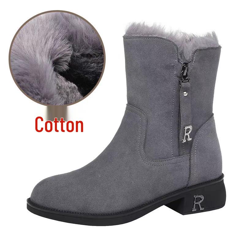 

Women s Genuine Leather Snow Boots, Fleece-Lined, Cold-Resistant, Non-Slip, Mid-Calf, Flat-Bottomed, Thickened for Winter Warmth. Size 35