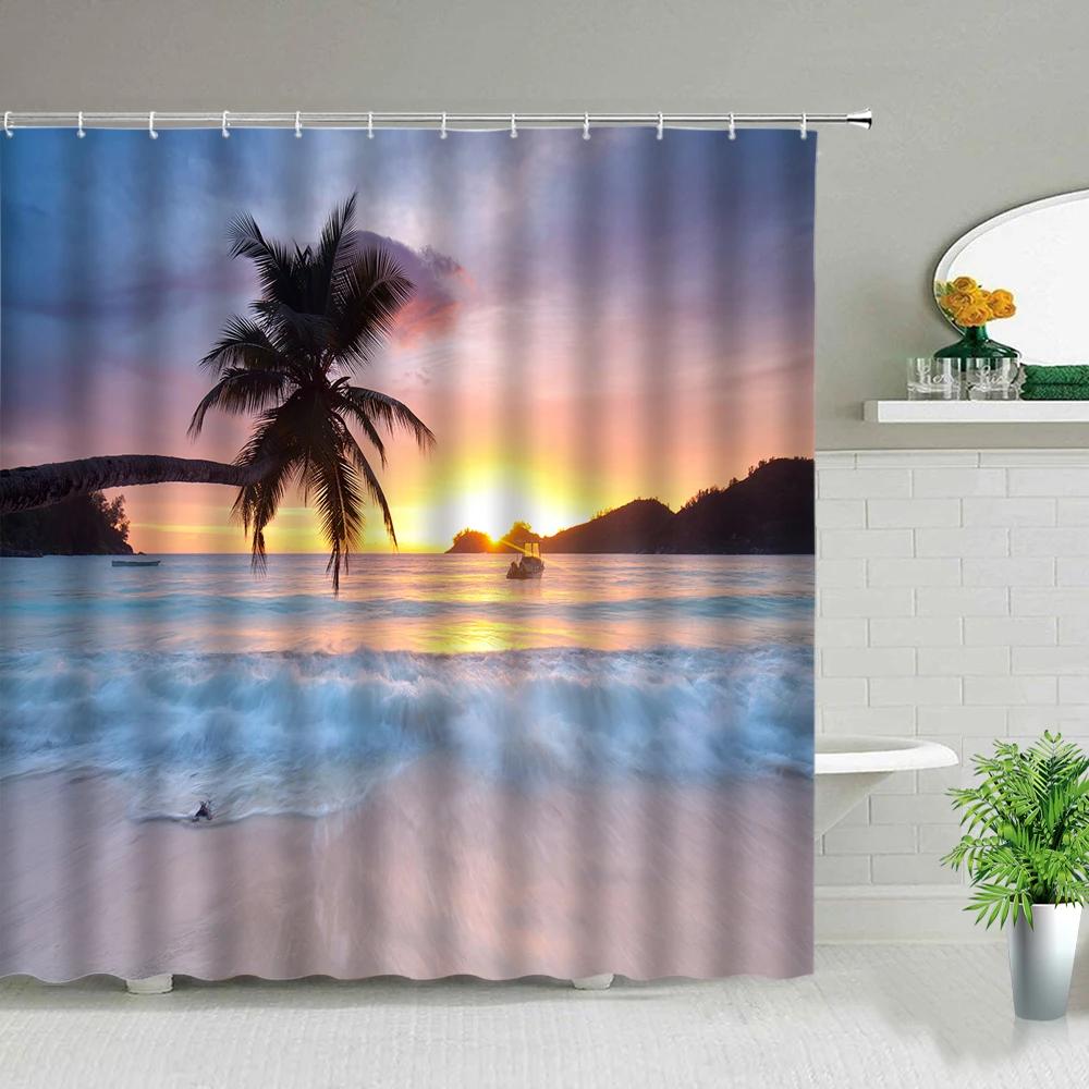 

Palm Tree Ocean Animal Scenery Shower Curtains Beach Dolphin Sea Turtle Starfish Landscape Bathroom Decor Bath Curtain With Hook 60x70in-150x180cm