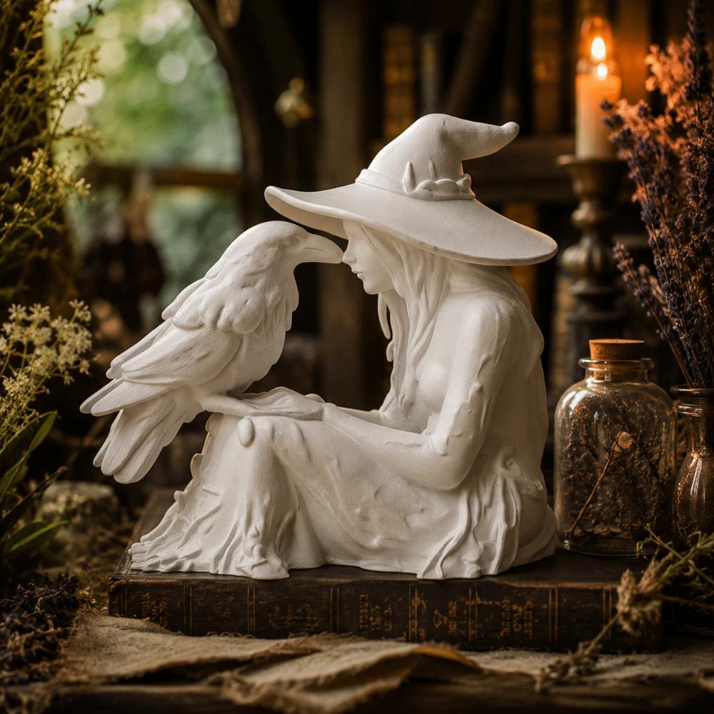 3D Printed Witch Sculpture Gothic Style Halloween Decoration Bird and Girl Sculpture Tabletop