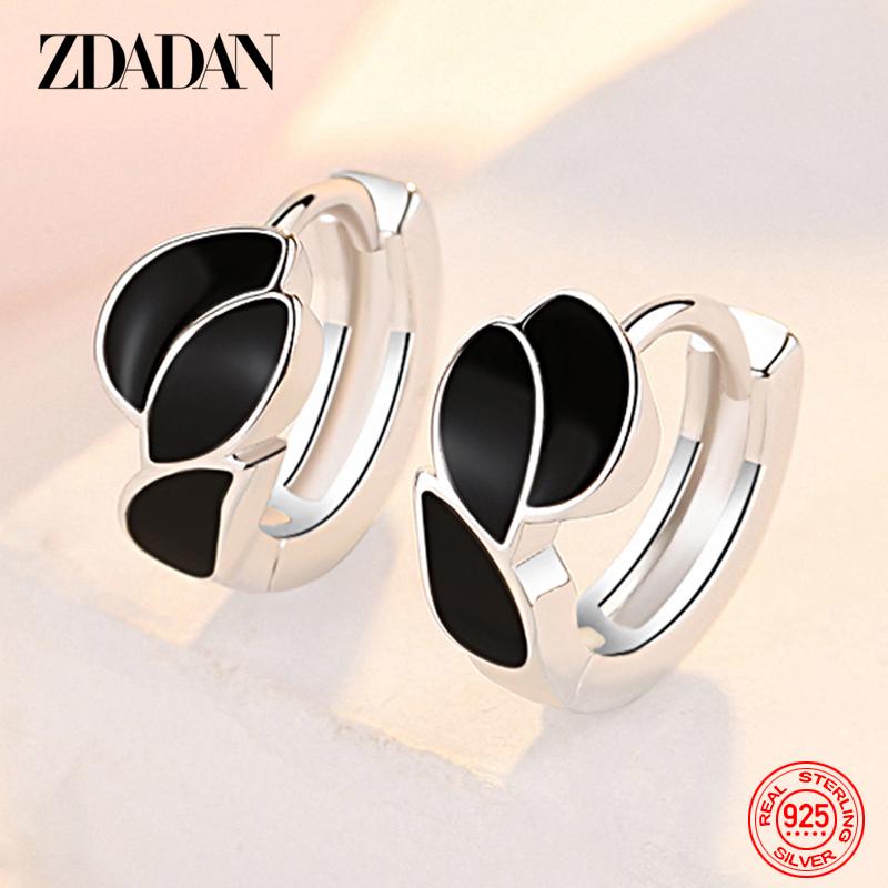 

925 Sterling Silver Black Leaves Hoop Earring for Women Fashion Jewelry Accessories Wholesale
