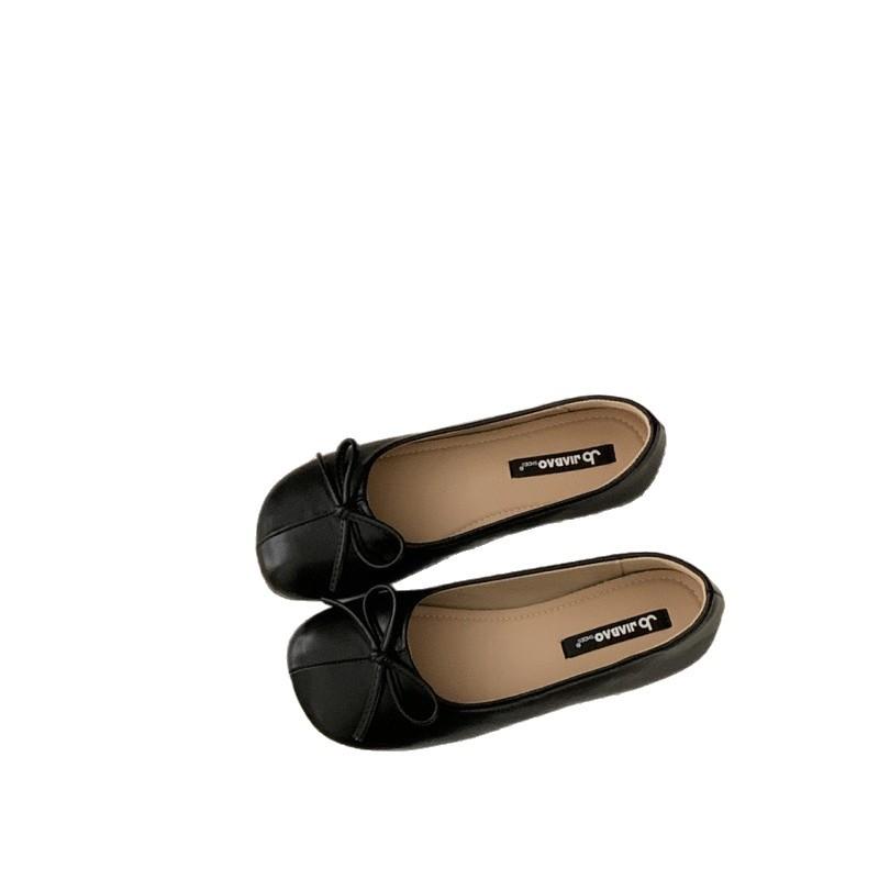 Retro soft-soled ladyshoes bow shallow mouth square head flat-soled single shoes women's shoes 2025 spring new ballet shoes