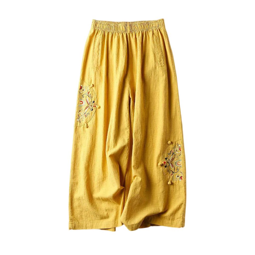 Women's Casual Loose Fit Cotton Linen Blend Lightweight Vintage Ethnic Embroidered Wide Leg Pants Versatile And Flattering 9/10 Length Cropped Pants
