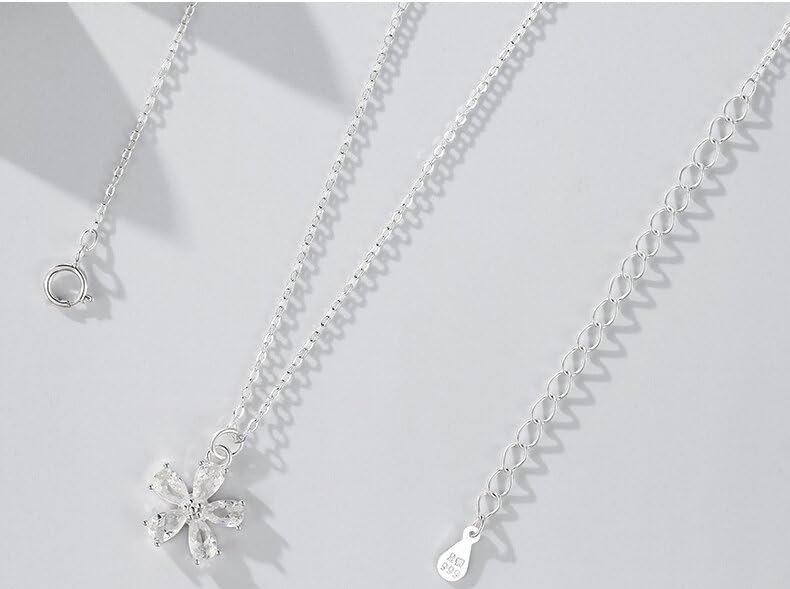 Rockyu brand jewelry - Popular necklace for women, sterling silver (925), pendant, flower design, crystal, Asian ethnic style.