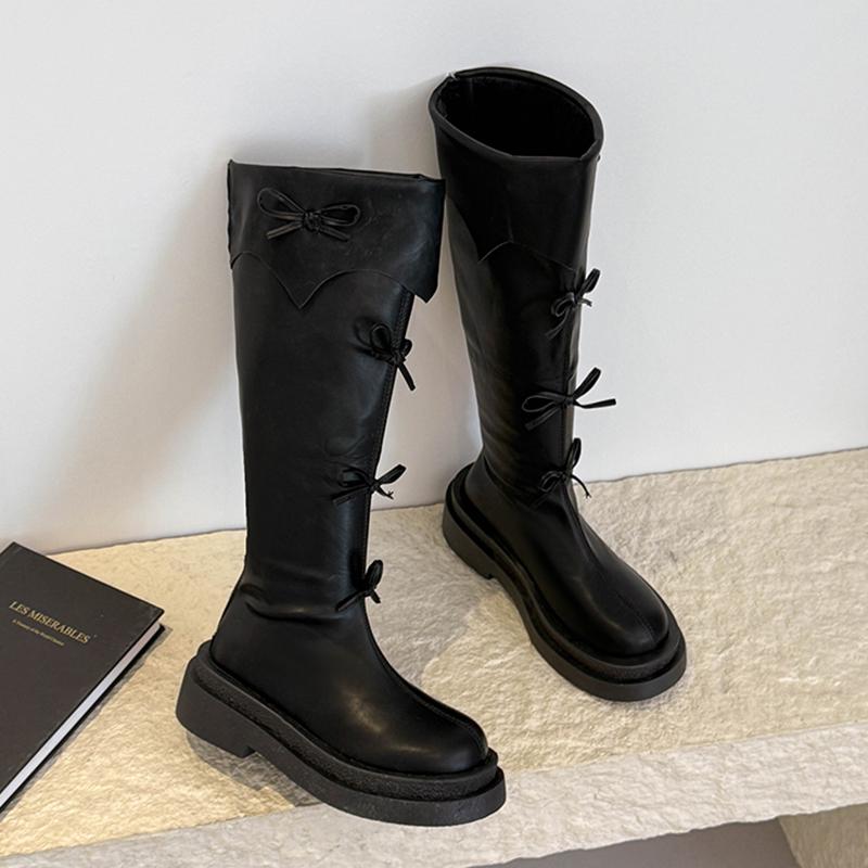 

Bow Platform High Boots Women s Flats Knee High Shoes Elegant Designer Motorcycle Winter Boots New Dress Cozy Mujer Botas 40