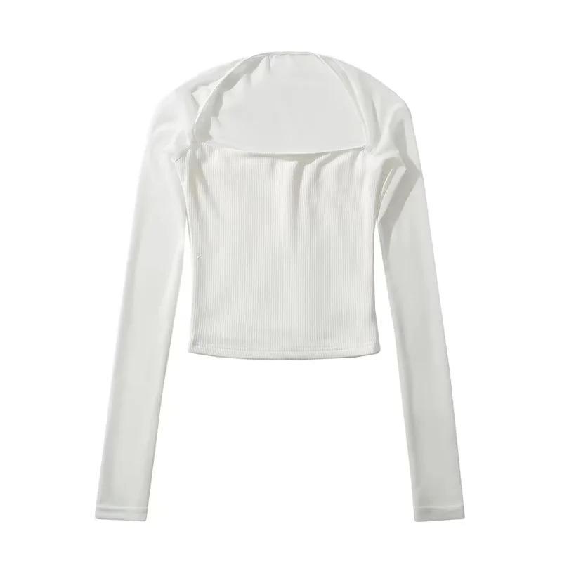 

Women s Spicy American Chic Patchwork Mesh Square Neck Long Sleeve Top Large білий