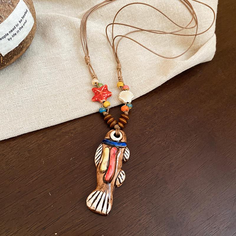 Ethnic Style Y-Shaped Ceramic Fish Necklace for Women Wooden Rope Handmade Bead Tassel Charm Bohemian Style Exquisite Accessory