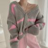 V-neck Fashion Knitted Striped Cardigan Sweater Autumn Women Office Loose Jackets Winter Elegant Casual Long Sleeve Coats Knitwear Top Clothing