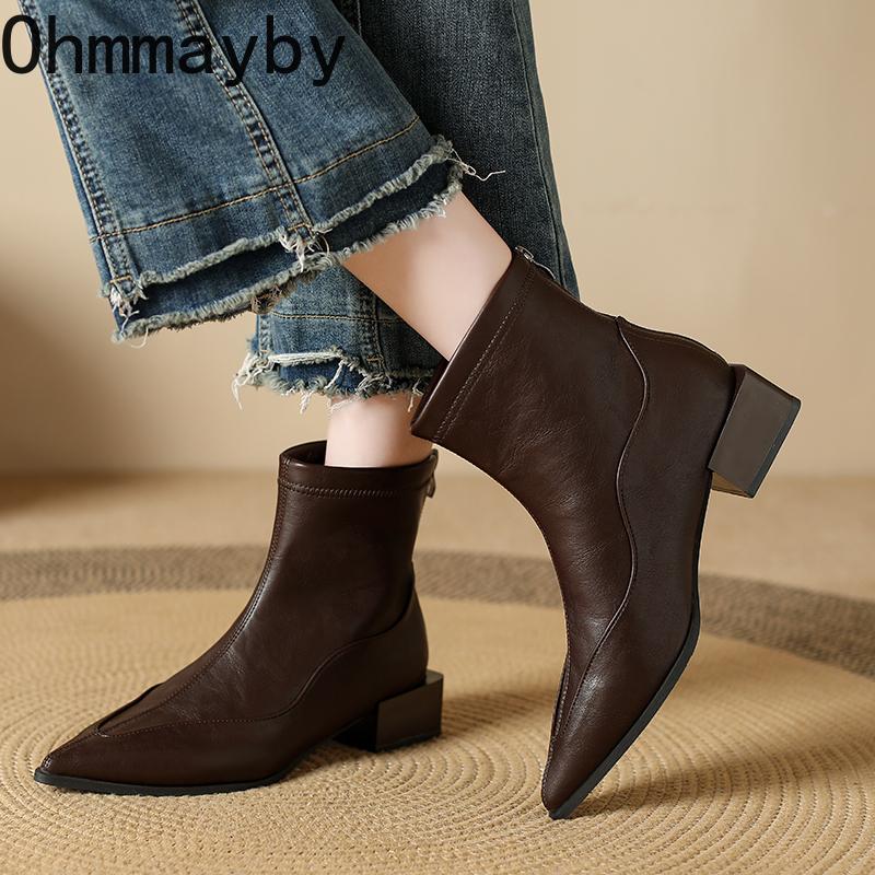 Winter Pointed Toe Thick Heels Women Ankle Boots Fashion Short Plush Shoes Female Vintage Slim Short Booties  De Muje