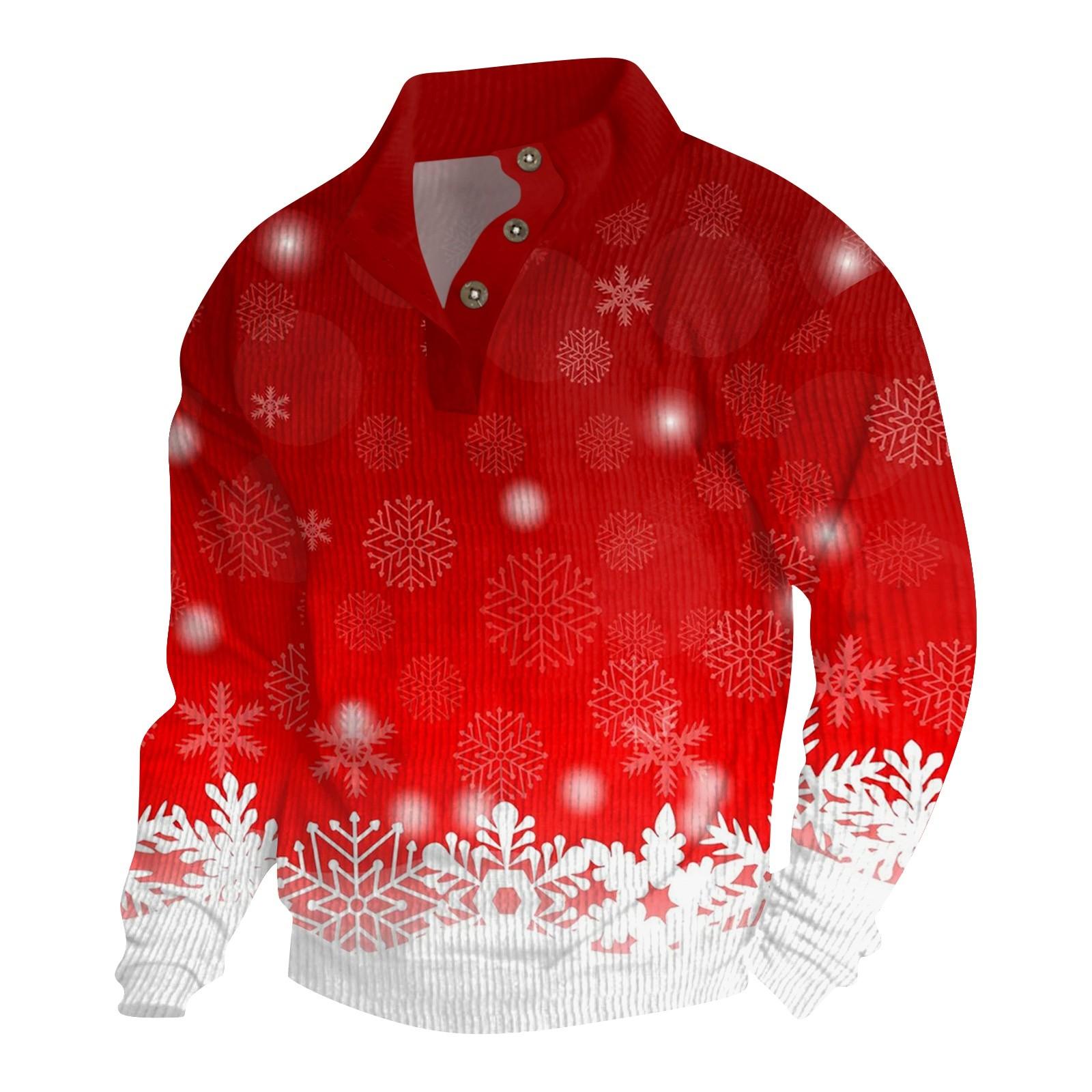 

Мужская рождественская хлопковая рубашка-пуловер с длинным рукавом для активного отдыха, винтажная вельветовая рубашка с воротником-стойкой и пуговицами, повседневная толстовка с рождественским принтом XL киноварь