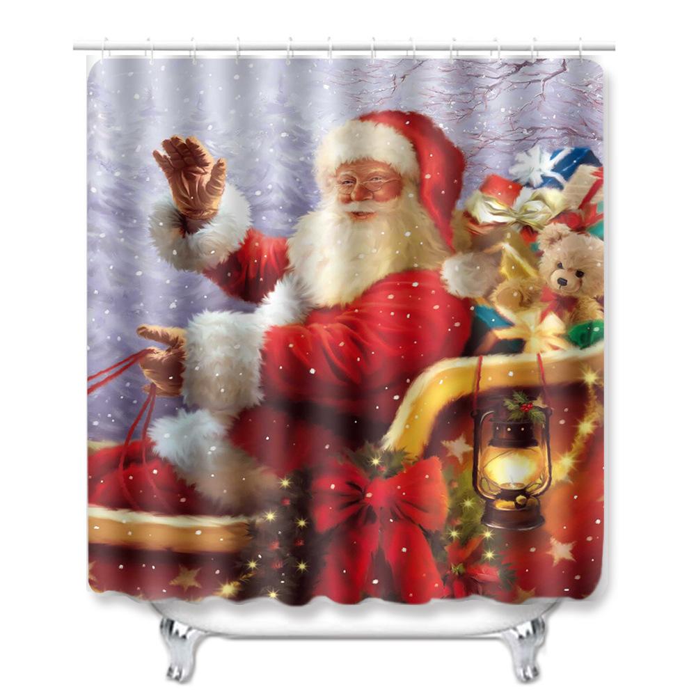 Christmas Shower Curtain Floor Mat Combination Four-Piece Set Bathroom Toilet Carpet Shower Room Mat Foot Mat