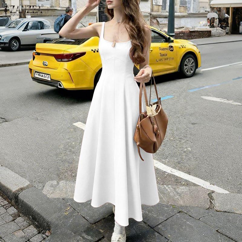 ZANZEA Women Summer Square Collar Casual Sleeveless Long Dress