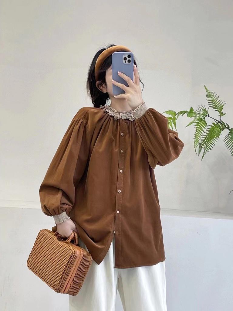 Johnature Toamnă Iarnă Cămașă din velur cu gât rotund cu ciuperci japoneze